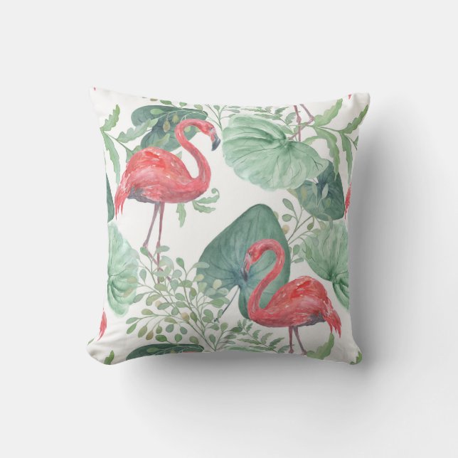 Almofada Aquarela Inflamingos e folhas cor-de-rosa. (Frente)