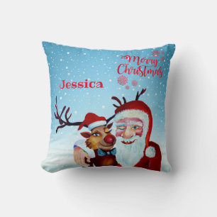 Almofada Aquarela Magical Santa Claus Sorrindo Rudolph
