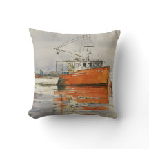 Aquarela Maine Barco de Pesca Oceano Cinza Laranja