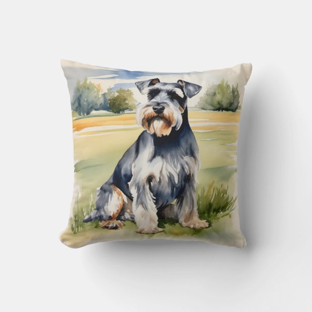 Almofada Aquarela Miniatura Schnauzer - Impressão de Arte C (Frente)