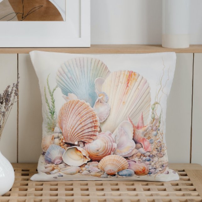 Almofada Aquarela Pastéis Conchas Marinhas (Criador carregado)