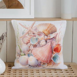 Almofada Aquarela Pastéis Conchas Marinhas