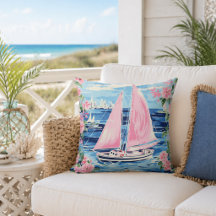 Aquarela Preppy Barco à Vela Rosa Azul Costeiro