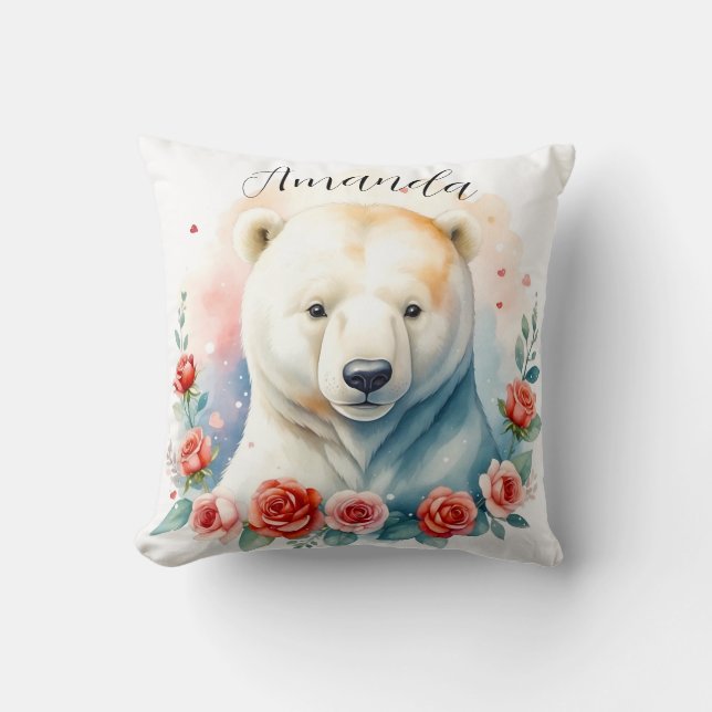 Almofada Aquarela Urso Polar Branco Floral (Frente)