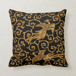 Almofada Arabesque dourado dos pássaros do vôo