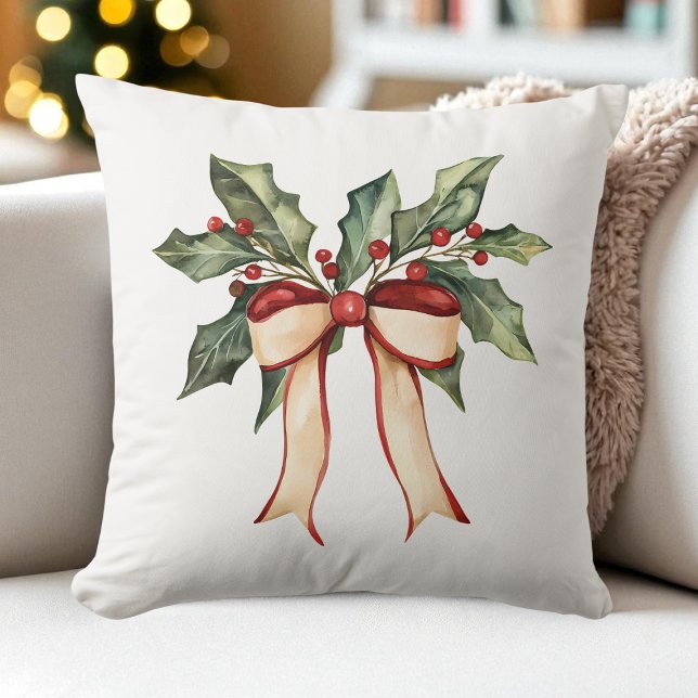 Almofada Arco de Aquarela Natal Holly Moderno Russo (Watercolor Bow Christmas Holly Modern Rustic Throw Pillow)