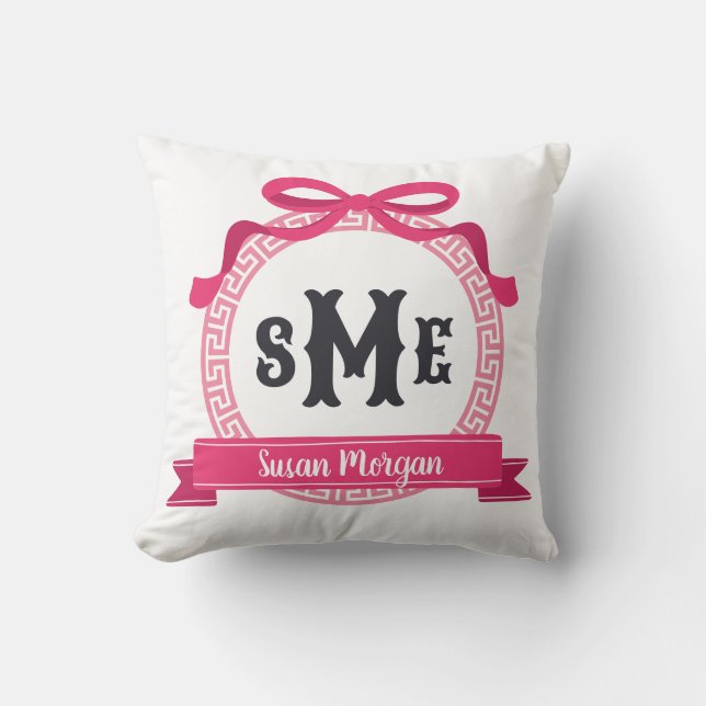 Almofada Arco de Monograma Chave Grega Rosa Vibrante (Frente)
