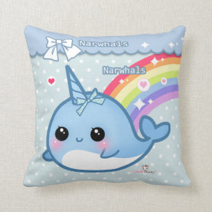 Almofada Arco-íris bonito narwhal nas bolinhas brancas &