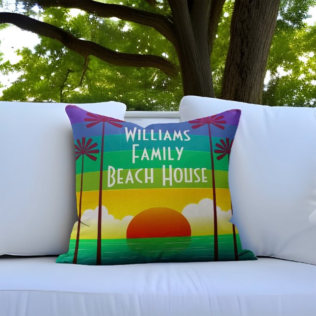 Almofada Arco-Íris Colorido Tropical Sunset Beach House Dec (Miami deco beach house throw pillow with a rainbow sunset design. Personalized with family name!)