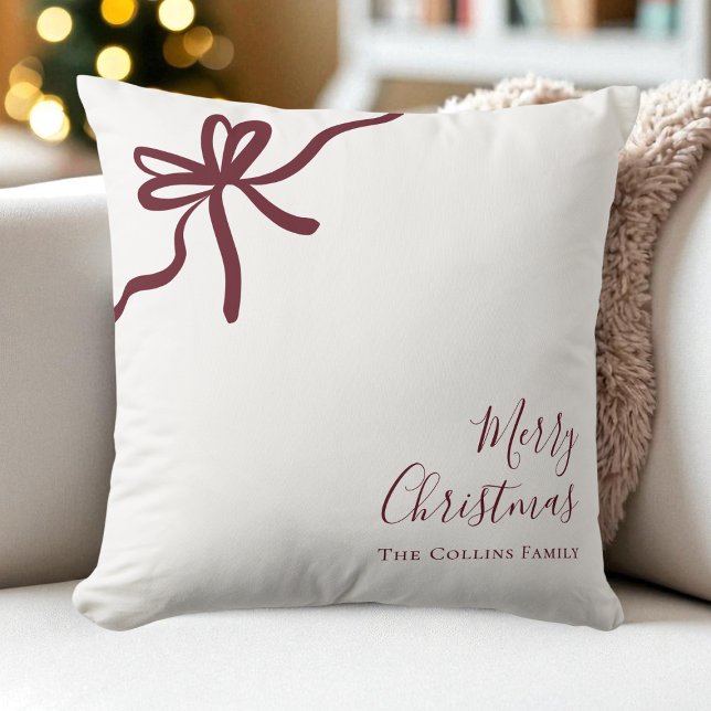 Almofada Arco Vermelho Moderno Festivo Roteiro Feliz Natal (Modern Red Festive Bow Script Merry Christmas Throw Pillow)