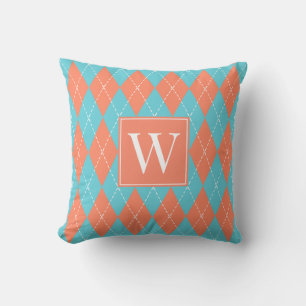 Almofada Argyle Costurado à Mão – Coral e Turquesa
