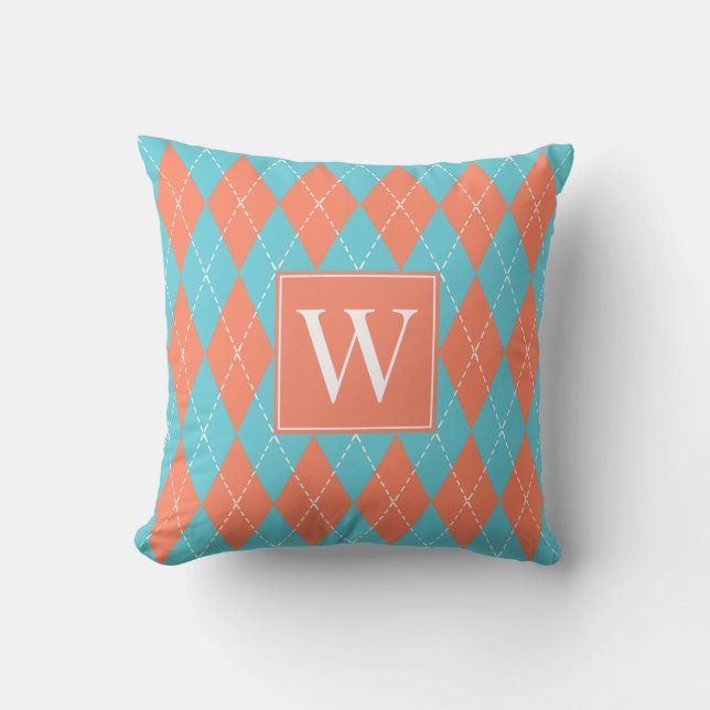 Almofada Argyle Costurado à Mão – Coral e Turquesa (Frente)