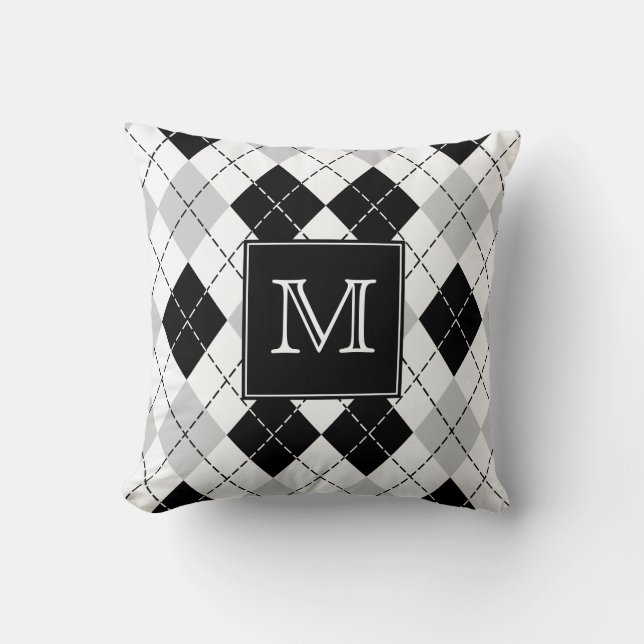 Almofada Argyle preto e branco cinzento Monogrammed (Frente)