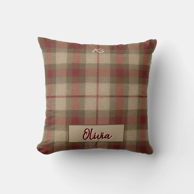 Almofada Aria Grace Olive & Wheat Rustic Plaid Pattern Name (Frente)