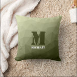 Almofada Army light green geometric mesh pattern Monogram<br><div class="desc">Monogram Personalize with your custom initial and name. Army green gradient geometric mesh pattern triangles ombre. 
Triangle geometric mesh with light dark gray green ombre gradient. 
military,  army,  pattern,  ombre,  mesh,  triangles,  geometry,  geometric,  gradient,  cool,  triangle,  green</div>