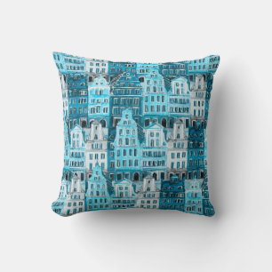 Almofada Arquitetura de Amsterdã, textura azul de aquarela.