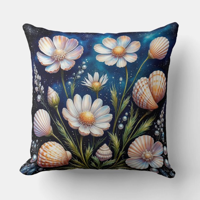 Almofada Arranjo Floral Elegante com Conchas Marinhas (Frente)