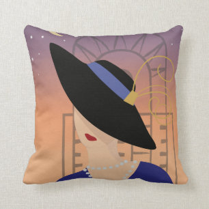 Almofada Art Deco 1930s Mulher do Chapéu com edifício Chr