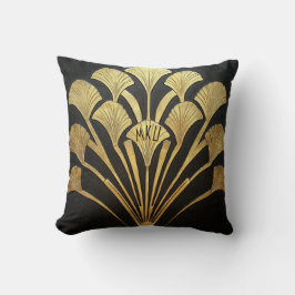 Almofada Art Deco Black and Gold Hieroglyphic Plant Motif