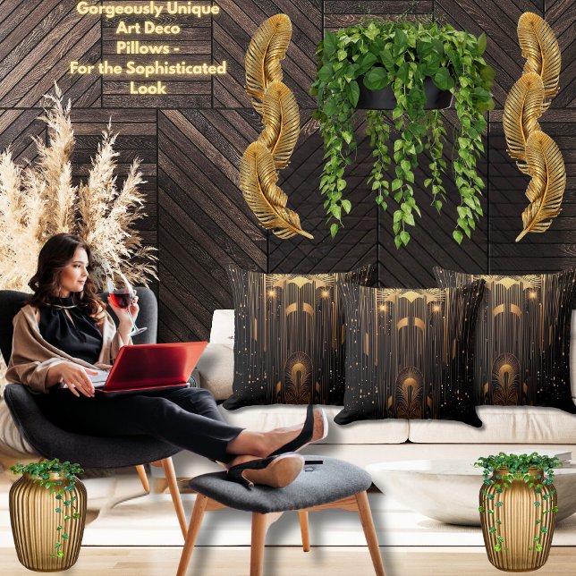 Almofada Art Deco Dourada Chuva Egípcia Art Black 20 x 20 (Beautiful black and gold Art Deco 20"x20" accent pillows.  Available in 16"x16" & desired fabric.)