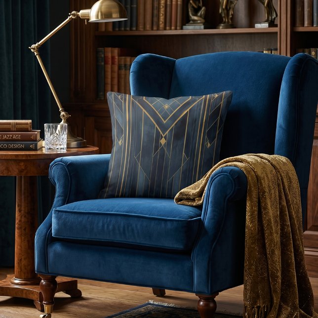 Almofada Art Déco Dourado & Geométrico Azul Marinho (Criador carregado)