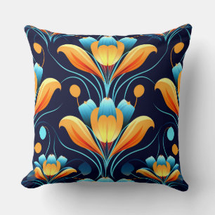 Almofada Art Deco - flores laranja azuis