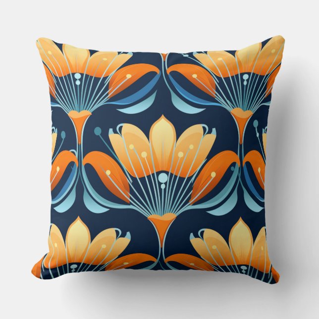 Almofada Art Deco - flores laranja azuis (Frente)