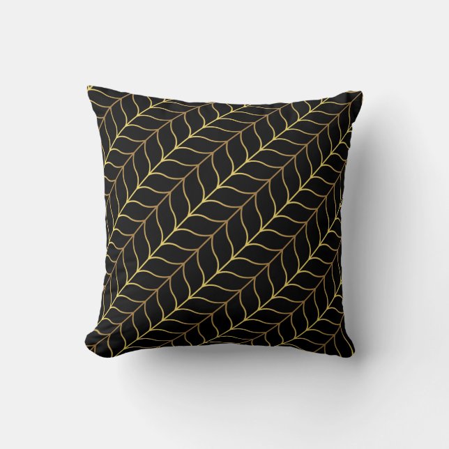 Almofada Art Deco Herringbone Dourado Padrão Preto De Luxo (Frente)