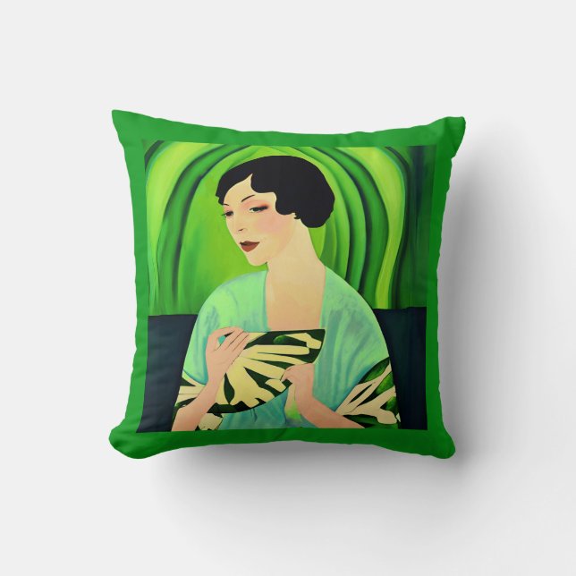Almofada Art Deco Lady with a Fan Green (Frente)