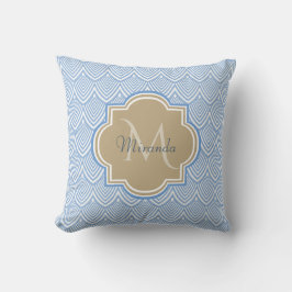 Almofada Art Deco Light Blue Fish Scales Tan Monograma Nome