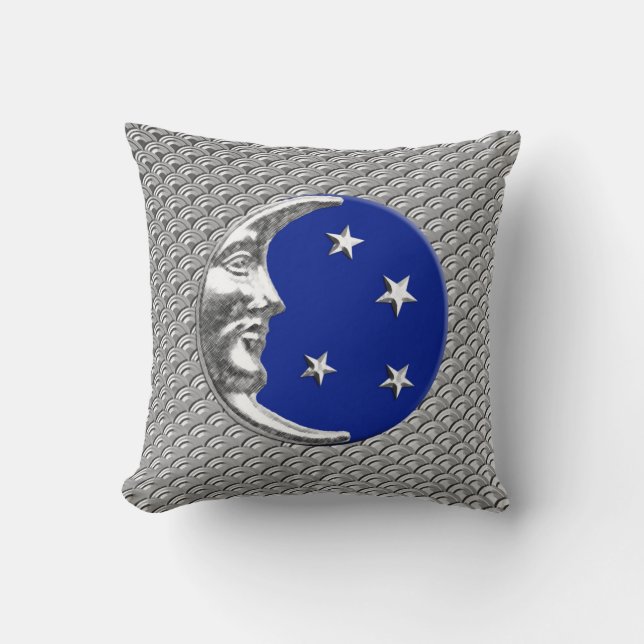 Almofada Art Deco Moon e estrelas - Cobalto Blue e Silver (Frente)