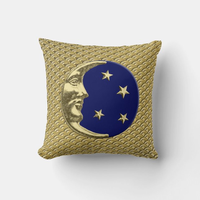 Almofada Art Deco Moon e estrelas - Marinho Azul e Dourado (Frente)