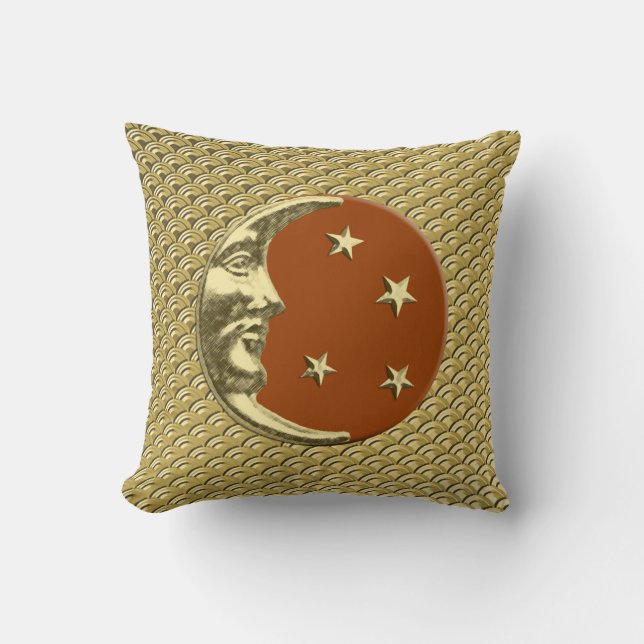 Almofada Art Deco Moon e estrelas - Rust Brown e Dourado (Frente)