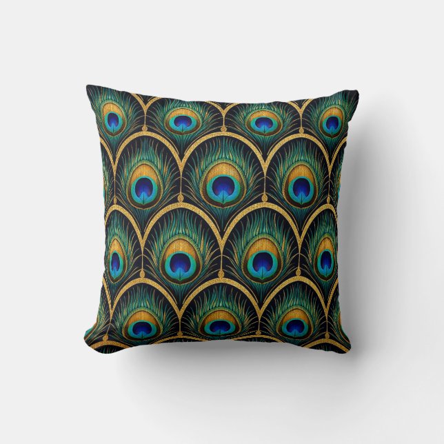 Almofada Art Deco Peacock Feather Pattern Throw Pillow (Frente)