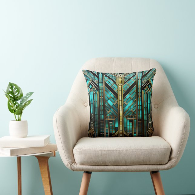 Almofada Art Deco Turquesa Dourado Preto Geométrico (Cadeira)
