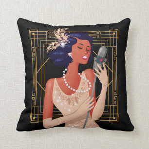 Almofada Art Deco Vintage 1920 Menina Cobra Quadro Preto