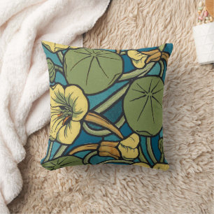 Almofada Art Nouveau Nasturtium Azul Ouro floral Verneuil