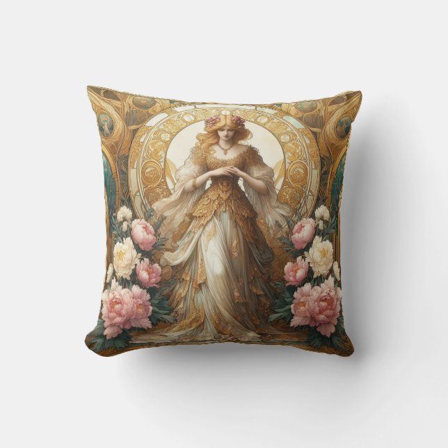 Almofada Art Nouveau Senhora com Pêonias Brancas e Rosa (Frente)