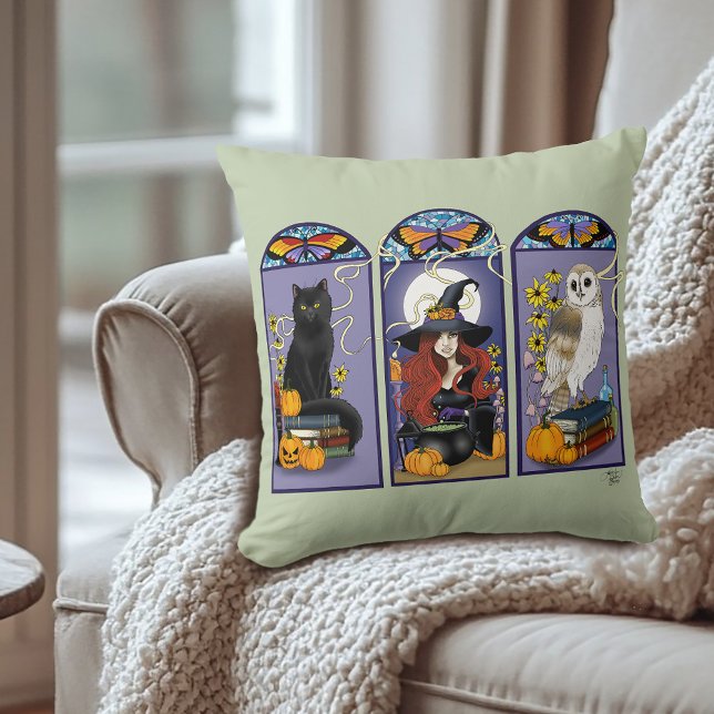 Almofada Art Nouveau Witch Owl Cat Halloween (Criador carregado)