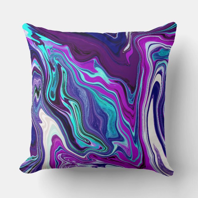 Almofada Arte Abstrato de Fluidos Roxos, Azuis e Teais (Frente)