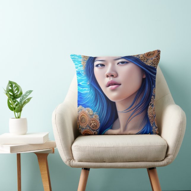 Almofada Arte Abstrato Fantasia de Retrato da Mulher Azul (Cadeira)