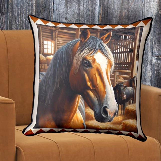 Almofada Arte animal de Fazenda de cavalo (Pillow featuring a painting of a cute horse in a stable with other animals - farmhouse - horse lover)