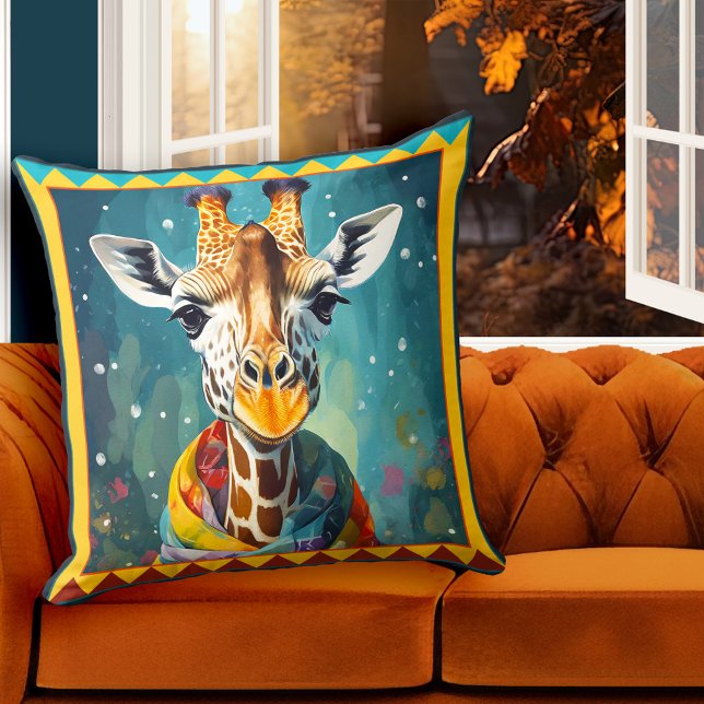 Almofada Arte Animal de Girafa Colorida Bonita (Pillow featuring a painting of a cute and colorful giraffe - fine art - winter gift)