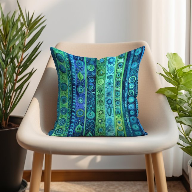 Almofada Arte Boho Listrada Azul Verde (Blue Green Artistic Boho Striped Throw Pillow)