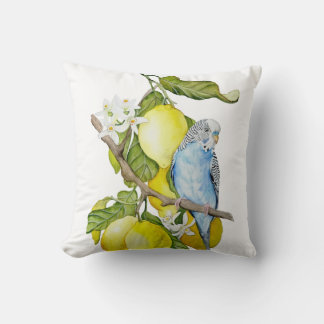 Almofada Arte Botânica em Aquarela de Periquito Azul em Lim