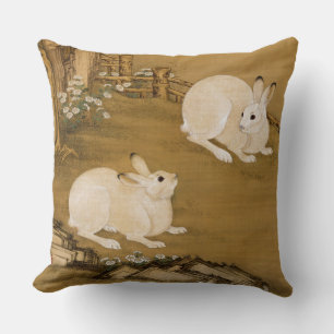 Almofada Arte Chinesa Antiga Pintura de Dois Coelhos Branco