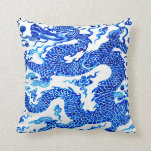 Almofada Arte chinesa azul da ilustração do vintage do