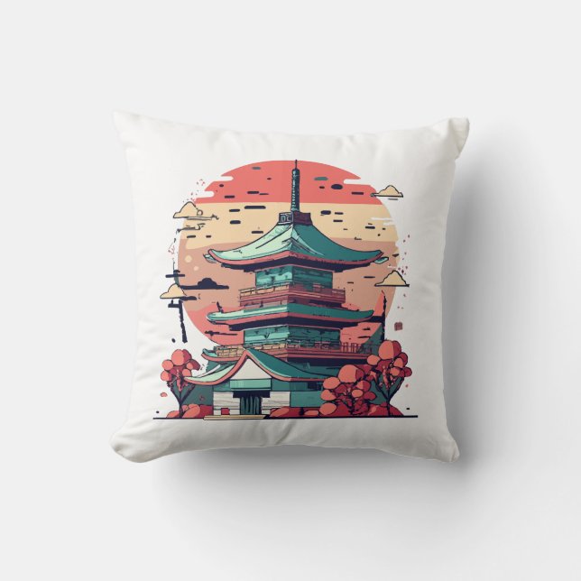 Almofada Arte Colorida de Edifícios Japoneses (Frente)