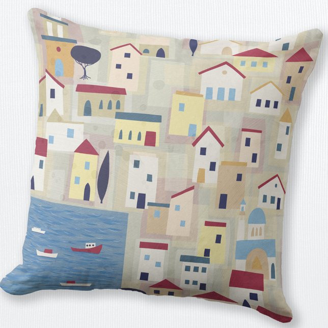 Almofada Arte da Vila de Pesca Grega (Greek island fishing village abstract art throw pillow)