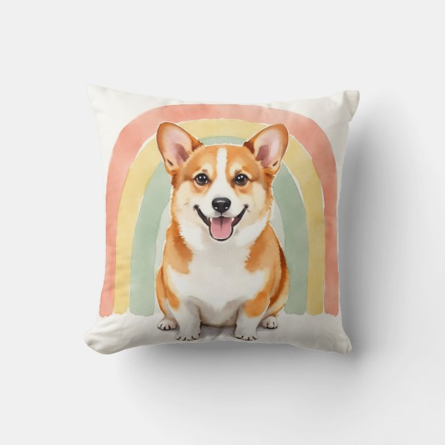 Almofada Arte de Arco de Chuva Corgi Aquarela (Frente)